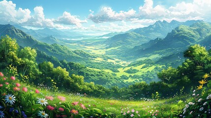 A panoramic view of a lush, verdant valley with rolling hills and blooming flowers under a sunlit sky, creating a breathtaking and tranquil nature background image. Watercolor style, high resolution