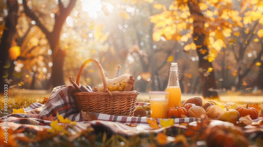Poster A picnic blanket with a basket of food and drinks set against a backdrop of golden trees in the autumn. Generative AI