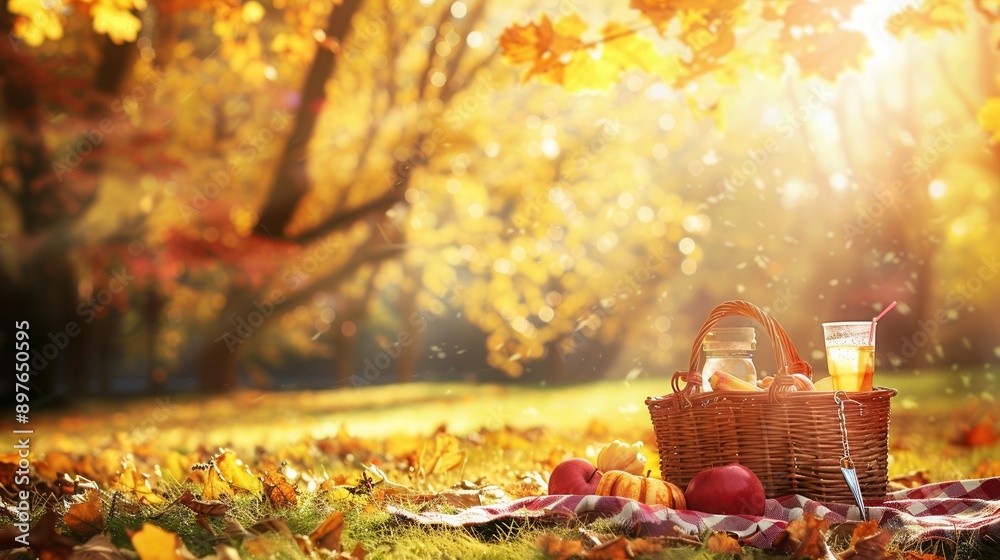 Poster a picnic basket filled with food and drinks sits on a red and white checkered blanket, surrounded by