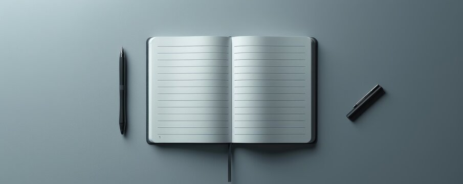 Minimalist design with an open notebook and pen on a textured gray background