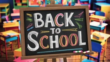 A black and white back to school sign in a classroom, AI