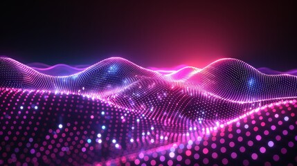 The futuristic digital landscape with pink waves and glowing lights symbolizes data flow in a hightech environment