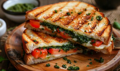Cheese, tomato and spinach toasted sandwich with pesto