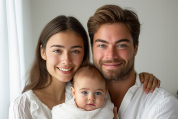 Fototapeta premium 若い白人夫婦と赤ちゃん。白い背景。
