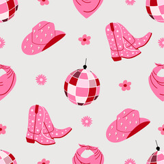 Seamless pattern with cowboy elements. Cowgirl boots and hat, bandana, disco ball. Wild west, western retro design. Pink background. Hand drawn vector illustration