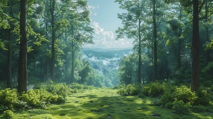 Fototapeta premium Panoramic view of a wooded forest with shadowed trees, lush undergrowth, and a misty, sunlit sky, creating a serene and picturesque nature background image. Watercolor style, high resolution