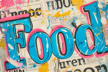 A vibrant and colorful artwork featuring the word "Food" in bold, playful letters against a background of splattered paint and newspaper clippings