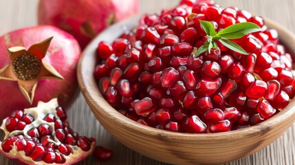 Close-up of fresh pomegranate seeds in a wooden bowl with pomegranate in background. Healthy and vibrant.