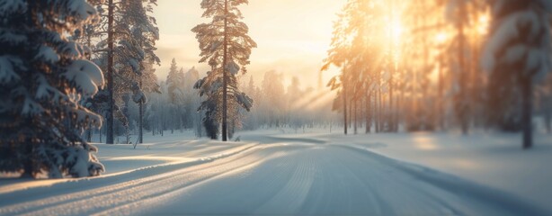 Snowy Forest Path at Sunset