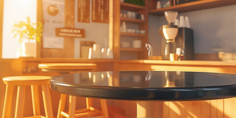 an anime style of a mock up clean and empty glossy small black wooden table in small and cozy coffee shop 