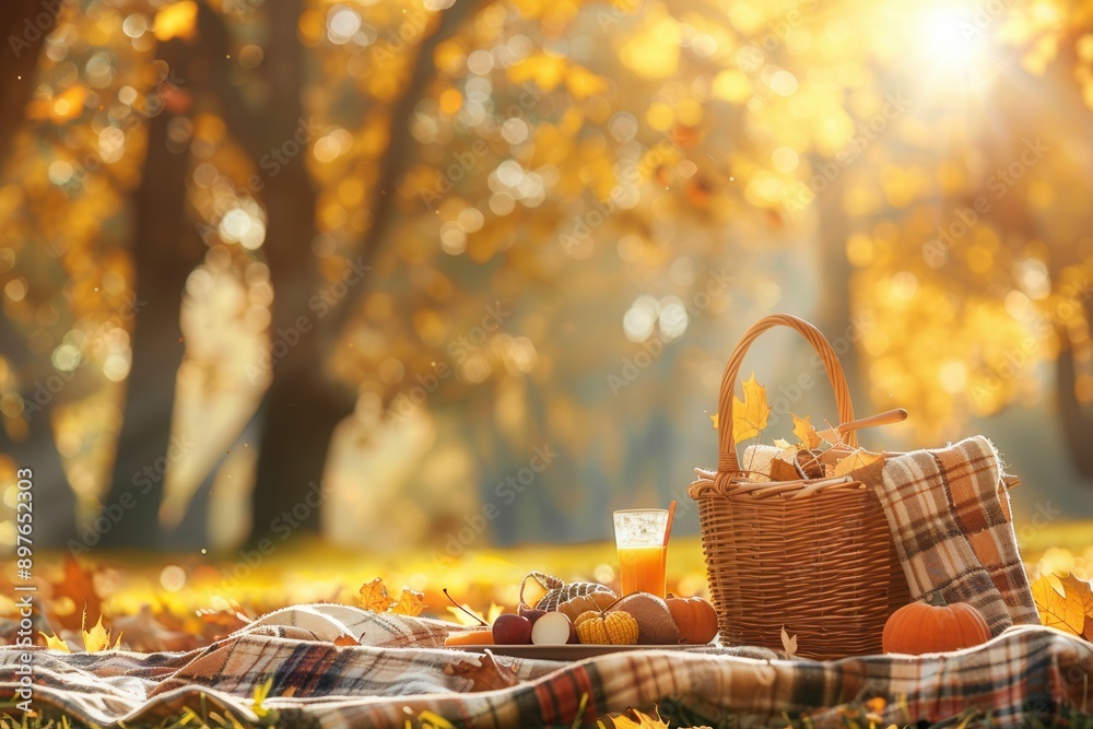 Poster A picnic blanket rests on grass by golden trees, with a wicker basket and checkered blanket next to a spread of food and drinks for a cozy autumn scene. Generative AI