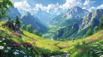 Obraz premium Scenic alpine meadow with blooming flowers, misty mountain peaks, and verdant valleys under a sunlit sky, offering a picturesque and tranquil nature background image. Watercolor style, high