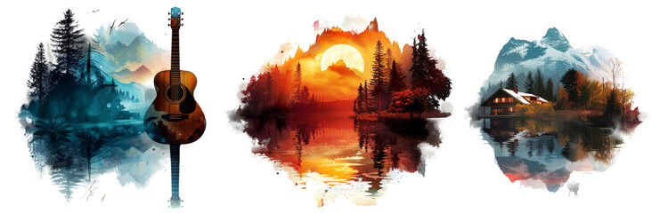 Triptych of  Double Exposure Compositions watercolor  Guitar on Beach, Camera with Mountain Range, House in Forest  Bright Studio Style