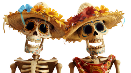 Skeleton Calacas for Day of the Dead Theme, Vibrant and Playful Mexican Cultural Symbols, Colorful and Traditional Celebration Figures, png file, isolated on white