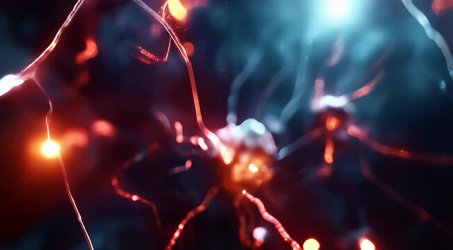 Visual representation of neurons with glowing synapses and neural connections, showcasing an abstract view of brain cells and neural pathways.
