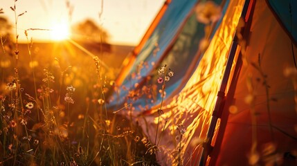 Brightly colored tent close-up in meadow during golden hour, sun's golden rays, warm inviting glow, wildflowers and tall grasses in background. Camping taken during golden hour