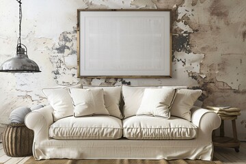 Minimalist interior design living room with a mockup frame hanging on the wall, perfect for showcasing your artwork or designs