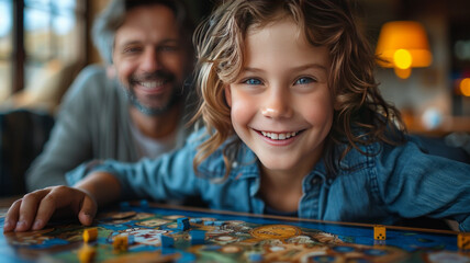 Fototapeta premium Family Time: Take a photo of your whole family playing a board game.generative ai