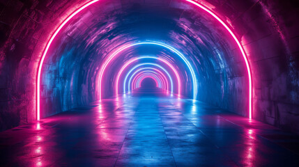 Neon lit underground tunnel with vibrant pink