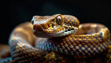 Obraz premium Depict a panoramic banner with a rattlesnake stretching across, its texture detailed against a black background, with ample space for copy on the sides