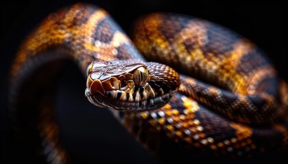 Fototapeta premium Depict a panoramic banner with a rattlesnake stretching across, its texture detailed against a black background, with ample space for copy on the sides