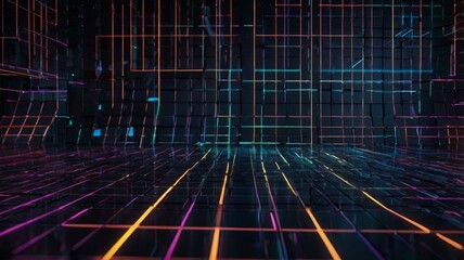 Futuristic Data Grid Background with Neon Lines and Dark Sleek Texture 