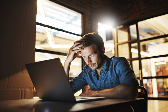 Depressed, man or anxiety with laptop or error for project deadline mistake, news or phishing website. Night, hacked or security engineer with stress for startup crisis, digital fraud or online scam