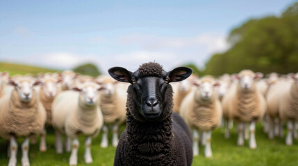 Fototapeta premium A striking black sheep stands confidently among a herd of white sheep in a vibrant green pasture under a sunny sky.
