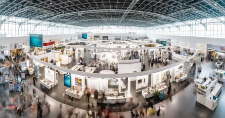 trade fair expo trade show booth international business convention event showcase center with large scale crowd of people gathering to see product and service display