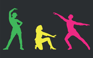 Set of colored silhouettes of dancers. Vector on black background