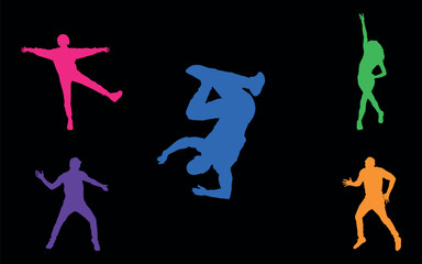 Set of colored silhouettes of dancers. Vector on black background