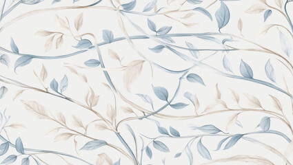 Seamless Abstract Watercolor Pattern of Delicate Blue and Brown Leaves on a White Background