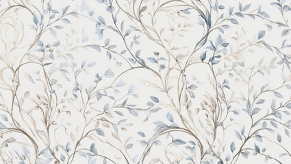 Seamless Abstract Watercolor Pattern of Delicate Blue and Brown Leaves on a White Background