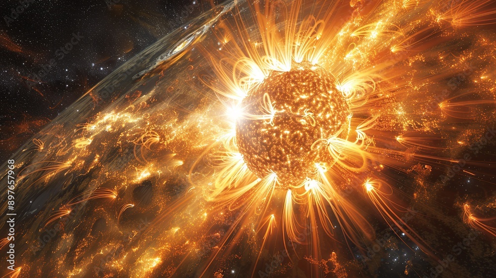 Sticker Stunning depiction of a solar flare, with its intense bursts of energy and light, showcasing the dynamic and powerful nature of our sun and other stars. Watercolor style, high resolution