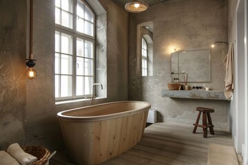 Bathroom interior with wooden bathtub and mirror. Nobody inside