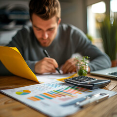 Fototapeta premium Accounting company, businesswoman working with calculator, the man is sitting at the table, holding a pen and paper, while looking intently at a calculator, people is working on a paper 