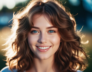 Fototapeta premium Portrait of a smiling beautiful young brown-haired girl or woman with straight flowing hair, blue eyes,plump lips, long eyelashes and white teeth. Sunny weather. Joy and happiness. AI