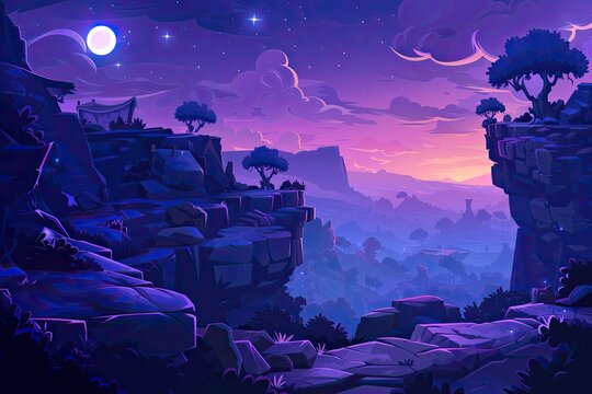 2d video game forest background, arcade play gaming level scene with ground platforms and trees.night time