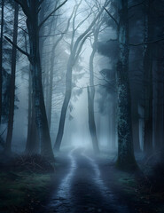 A dark and moody forest pathway covered in mist. Photo composite.