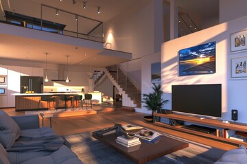 modern living room and dining room with tv.