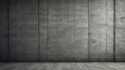 Gray wall background in empty room with concrete walls and wooden floor.