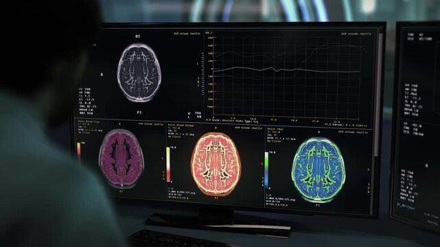 Neurology research analysis system studies multiple brain functions during screening. Analysing the brain organ condition for neurology research. Neurology research analysis of the human skull.