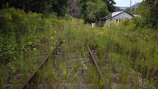 Houses and streets in the abandoned coal mining town with a railroad through the middle of it in southern West Virginia.