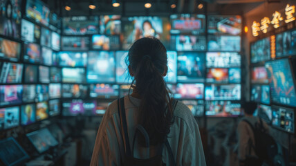 person standing in front of a wall build out of multiple screens, an advertising video on each screen, overwhelming vibes.generative ai