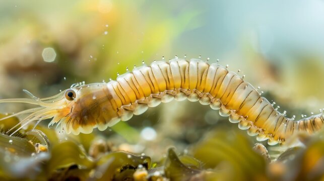 Graceful skeleton shrimp swims through seaweed in the ocean, glowing in the sunlight