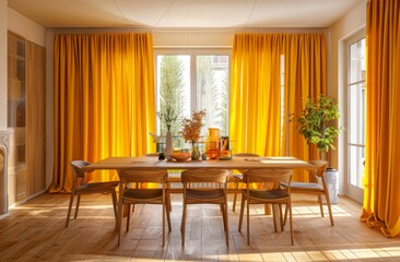 Interior of a dining room with orange curtains.