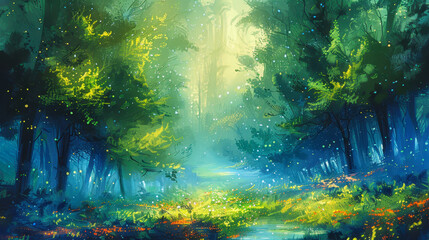 Mystical Blue and Green Enchanted Forest with Fantasy Atmosphere and Magical Glow, Lush Vegetation and Soft Light, Dreamlike Wilderness Illustration for Fantasy and Nature Lovers