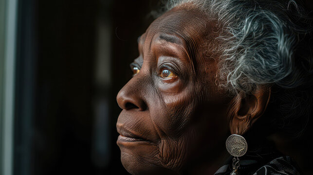 Close-up Side Profile of Elderly Black Woman Battling Loneliness and Dementia during Daytime - Emotional and Reflective Mood in Alzheimer's Concept - Powered by Adobe