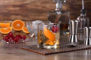 Cocktail Old Fashioned is an old-fashioned sophistication of whiskey and sweet syrup. Served with ice, orange zest and Maraschino cherry. 