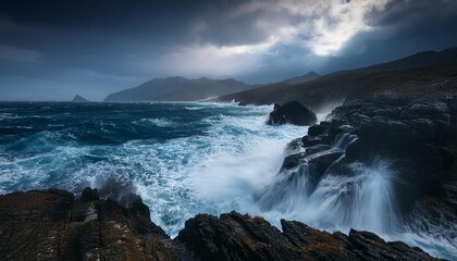 Wild Coastal Landscape: Majestic Cliffs and Turbulent Waters in a Storm. Generative AI